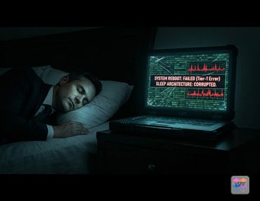 An executive suffering from corrupted sleep architecture, demonstrating the critical need for a structured Master Reboot to protect daily Hash Rate.