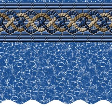 Blue swimming pool liner with rope and tile pattern border.
