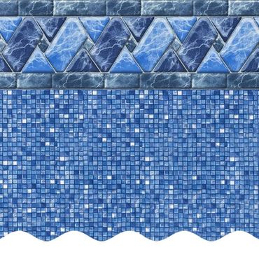 Blue mosaic and geometric pool tile pattern with marble texture.
