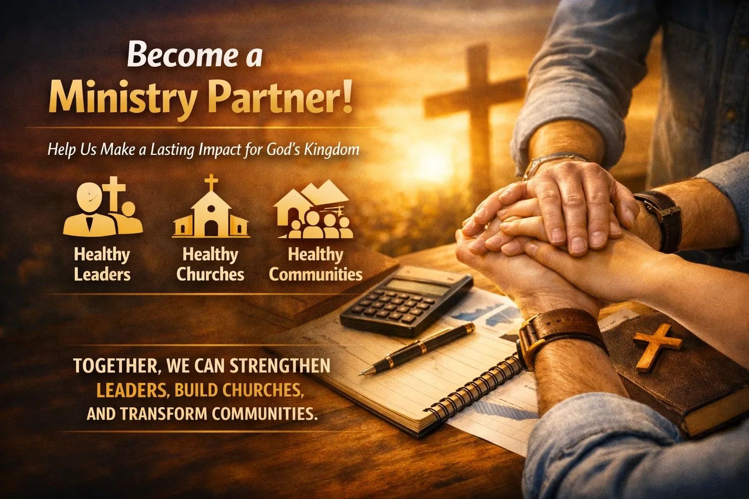 Hands joined in prayer with a call to become a ministry partner to support leaders, churches, and communities.
