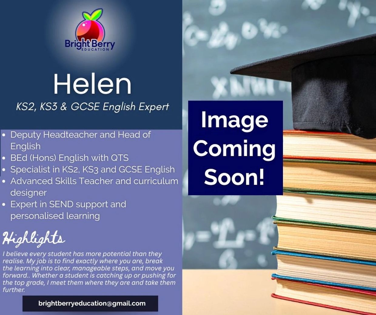 Profile of Helen, an English expert with educational qualifications and experience.