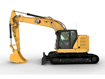 Yellow Caterpillar excavator with black tracks against white background.