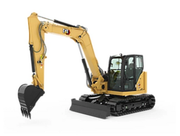 Yellow CAT excavator with a digging bucket and tracks.