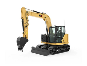 Yellow Caterpillar excavator with a digging bucket and tracks.