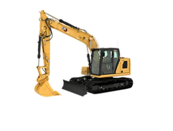 Yellow Caterpillar excavator with black tracks and a digging bucket.