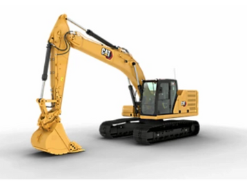Yellow Caterpillar excavator with a large bucket and tracks.