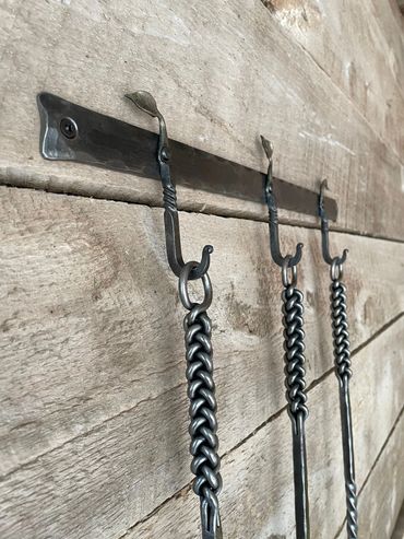 custom hand-forged wrought iron wall hanger rack for fireplace set