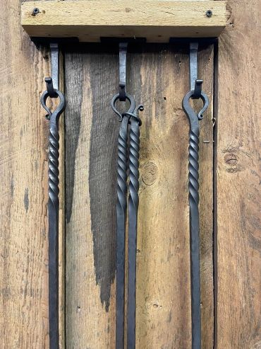 custom hand-forged wrought iron wall mounted hanger rack with hooks for fireplace tools