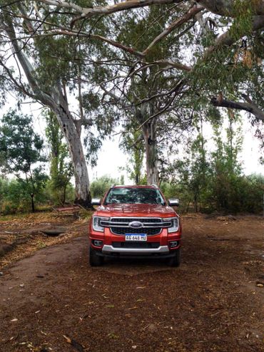 Red Ford truck parked on a dirt path surrounded by tall trees.