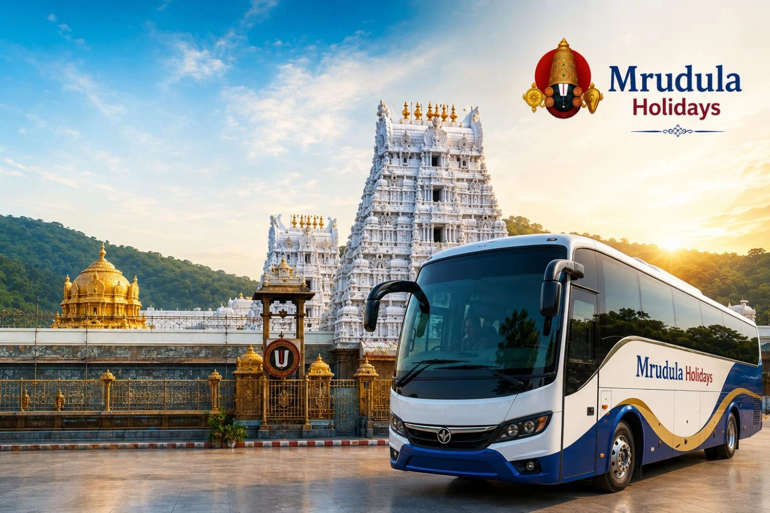Mrudula Holidays bus parked near a temple at sunset.