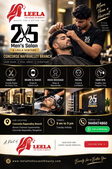 Men's salon services including haircut, beard shave, head massage, facial, and hair spa.