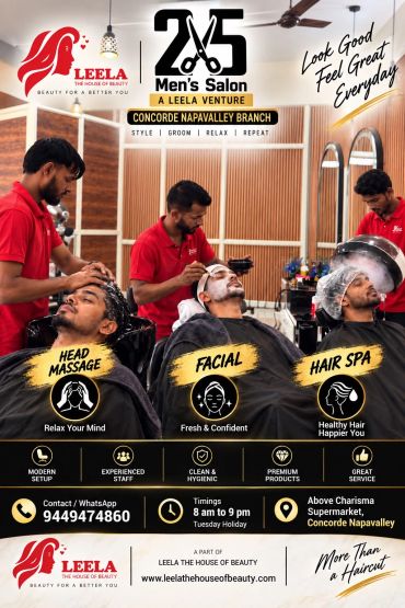 Men's salon offering head massage, facial, and hair spa services.