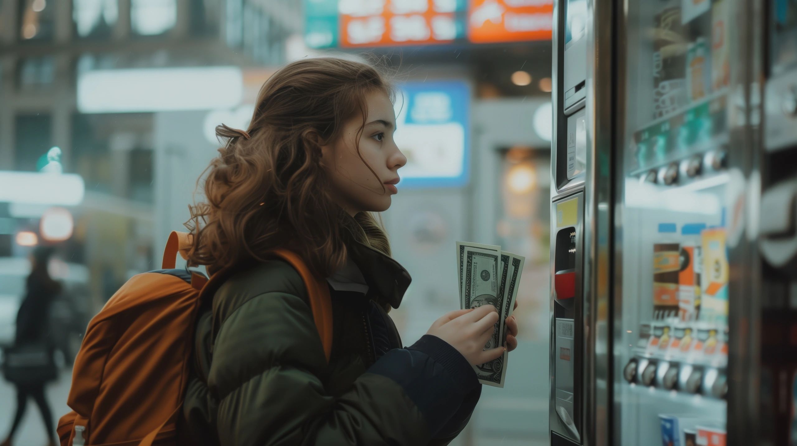 Girl about to pay in vending machine