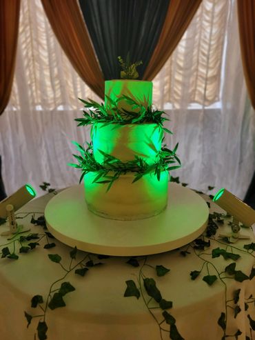 Three-tiered white cake with green lighting and leafy decorations.