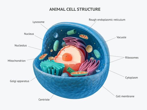 Detailed 3D diagram of an animal cell with labeled organelles.