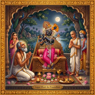 Lord Krishna with devotees in traditional Indian art.