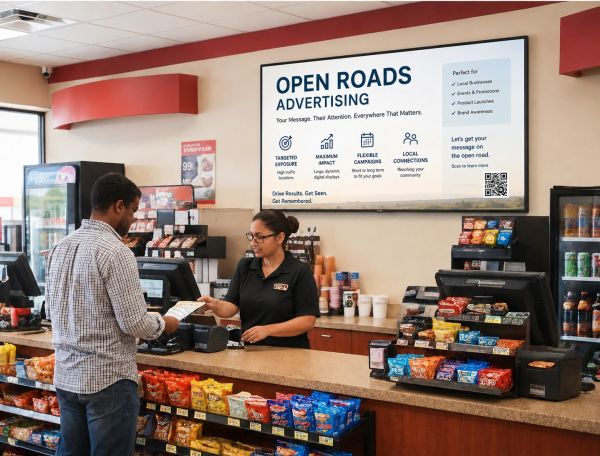 Customer paying at a convenience store counter with advertising screen.