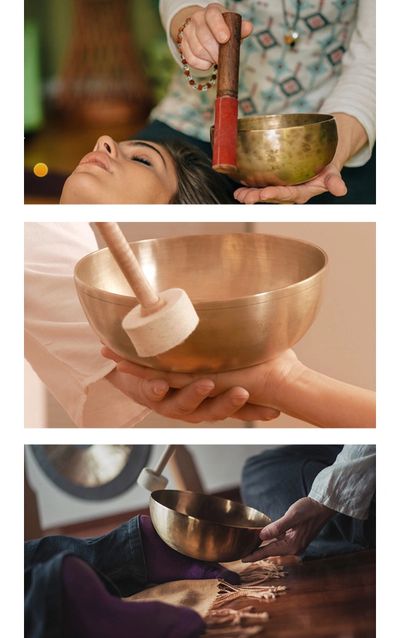 reflexology with singing bowls on hands and feet
