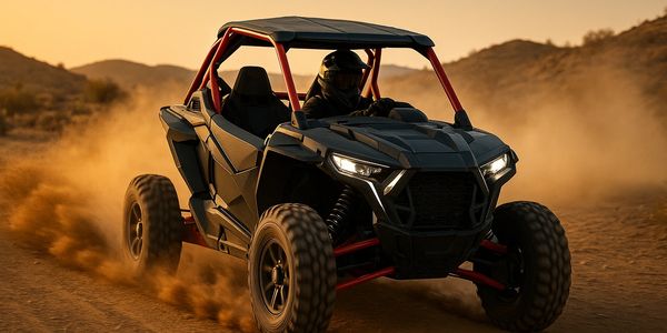 A black off-road buggy kicking up dust in a desert landscape at sunset.