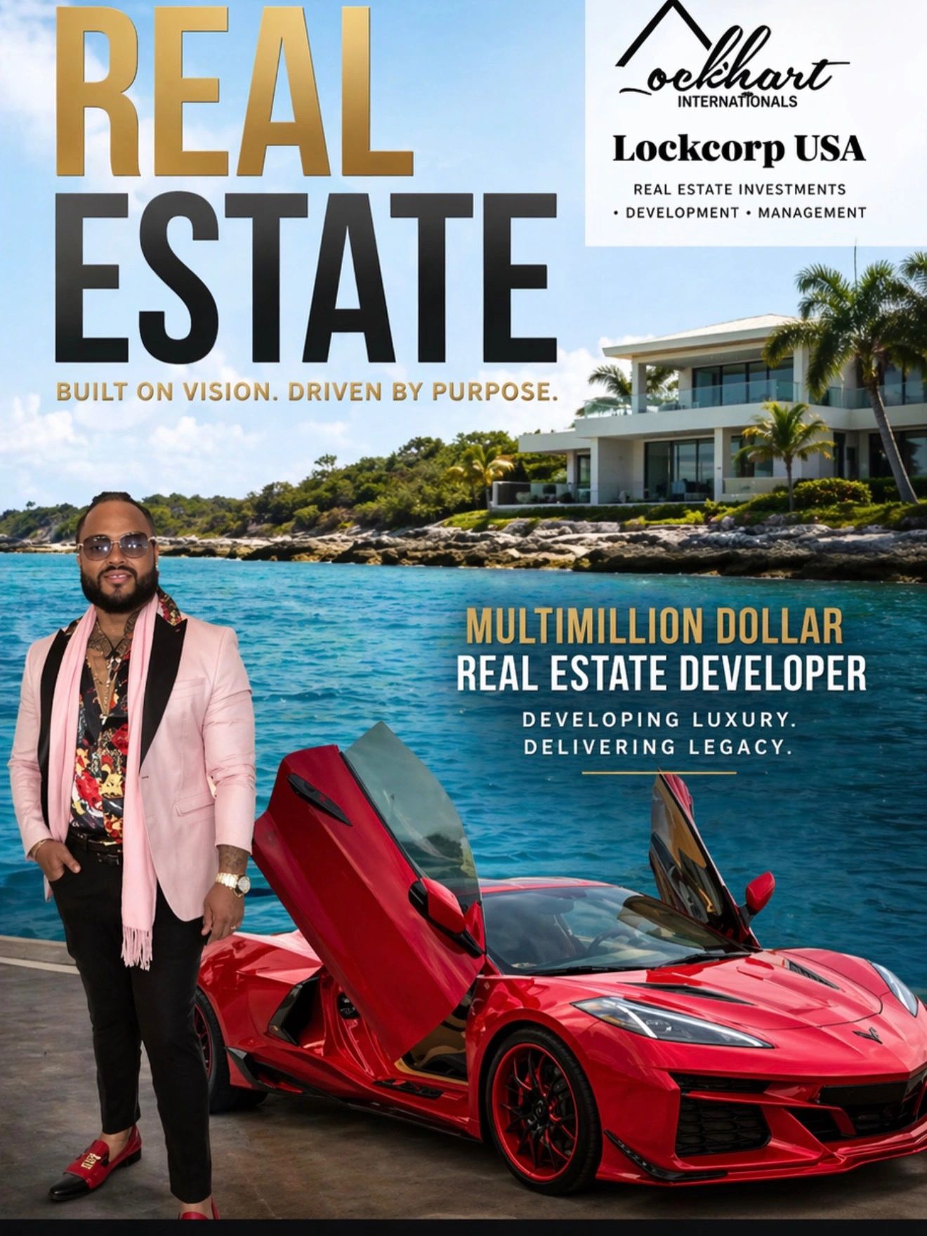 Multimillion dollar real estate developer with luxury car and waterfront property.