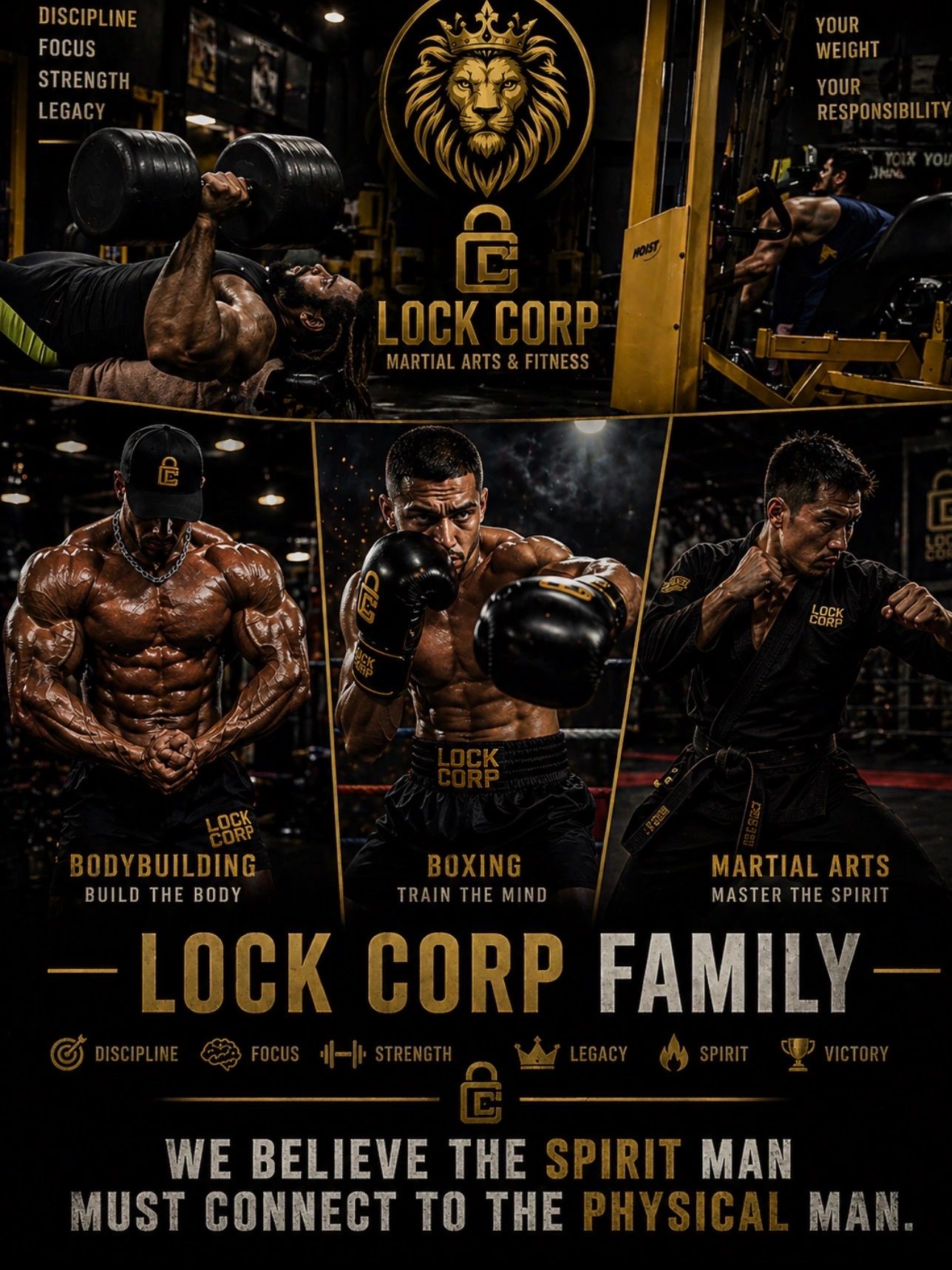 Lock Corp promotes bodybuilding, boxing, and martial arts with discipline and strength.