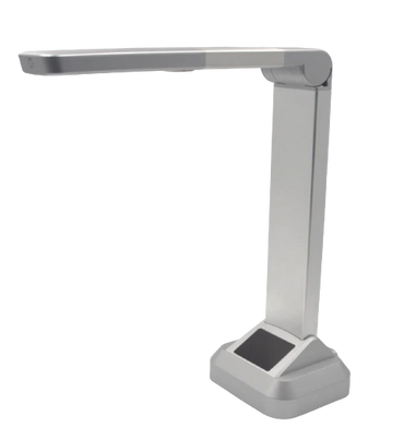 A sleek, modern document scanner with adjustable arm and touchscreen base.