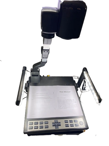 A document scanner with adjustable arms and control buttons.