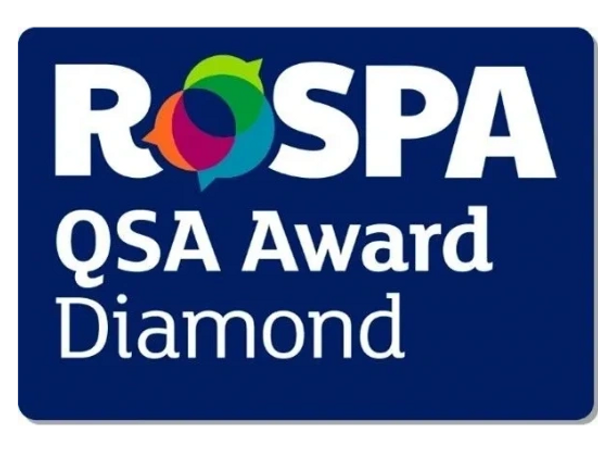 Logo of ROSPA QSA Award Diamond on a blue background.