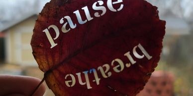 Retreat participants are invited to pause and breathe with an image of a leaf with these words cut