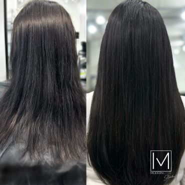 Before and after hair smoothing treatment.