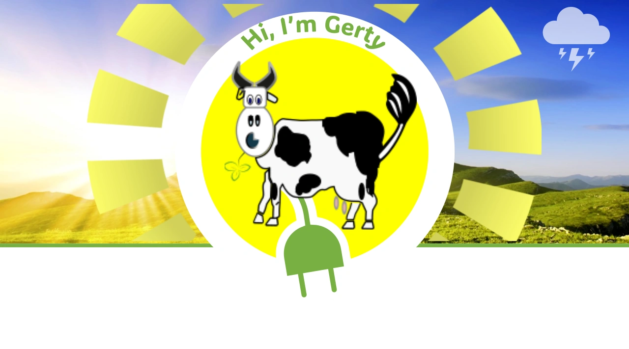 Cartoon cow named Gerty with a green plug tail and sunny background.