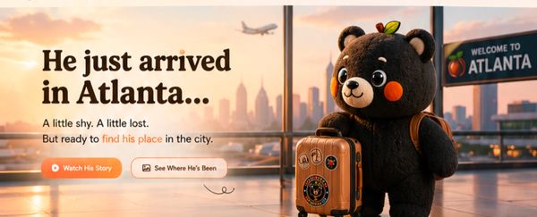 A cute bear with a suitcase arrives at Atlanta airport, looking shy and ready for adventure.