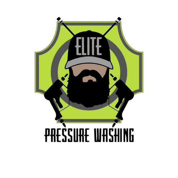 Logo of Elite Pressure Washing featuring a bearded man with a cap and crossed pressure washers.