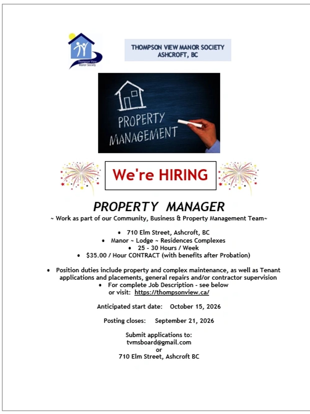 Job posting for a Property Manager at Thompson View Manor Society, Ashcroft, BC.