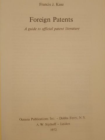 Title page of a 1972 book on foreign patents by Francis J. Kase.
