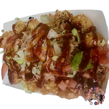 Tater tots topped with pulled pork, lettuce, tomato, cheese, bacon and BBQ sauce