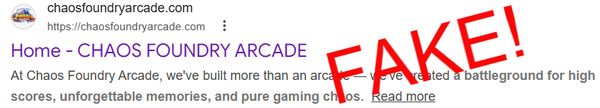 Screenshot of a website link with a large 'FAKE!' stamp across it.