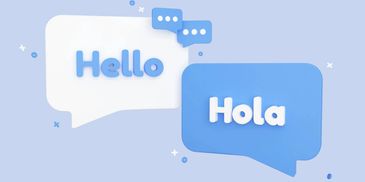 Speech bubbles showing greetings in English and Spanish.
