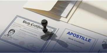 A birth certificate with an apostille stamp and a rubber stamp on a table.