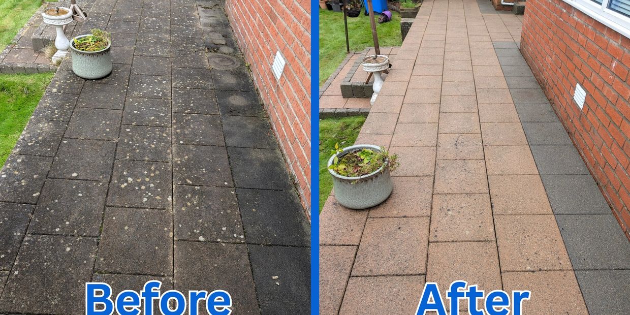 Before and after photo from pressure washing a patio