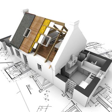 3D house model with exposed roof layers and interior on architectural plans.