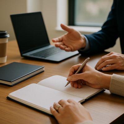 Duas pessoas em uma reunião de mentoring aparecendo apenas as mãos do mentor e do mentorado