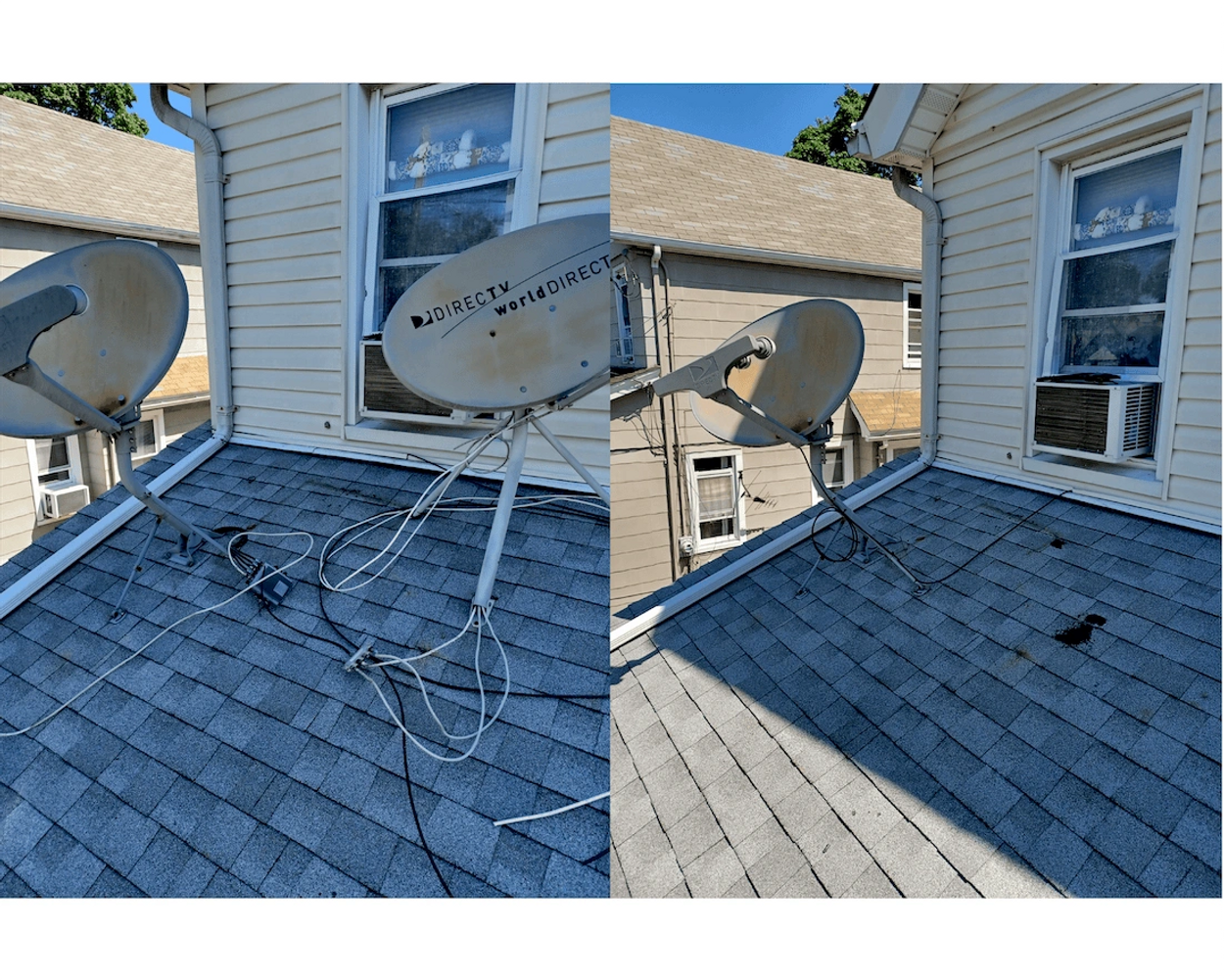 Messy Direct TV Satellite dish before Image, clean satellite dish clean after