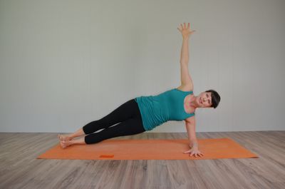 Forearm Side Plank Pose (Vasisthasana)
Yoga Modifications include keeping knees down