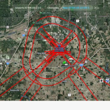 Map of KFWA airport showing flight paths and obstacles.