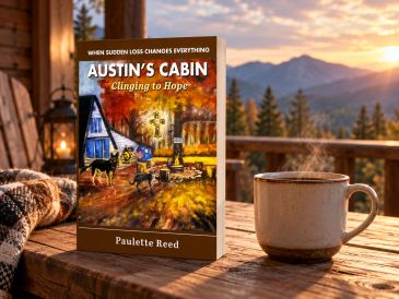 Book titled "Austin's Cabin" with a cozy cabin and mountains background.