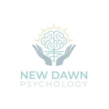 Logo with brain, hands, and sun rays for New Dawn Psychology.