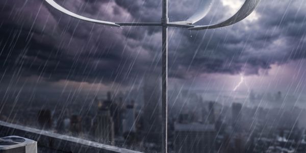 Hurricane-proof vertical axis wind turbine maintaining structural integrity and generating power during a severe storm.
