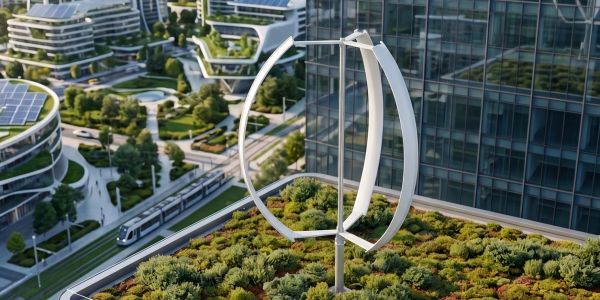 Innovative FlexPower vertical axis wind turbine installed on a modern green corporate rooftop layout.