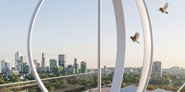 Bird-safe vertical axis wind turbine operating seamlessly on an urban rooftop with birds flying safely.